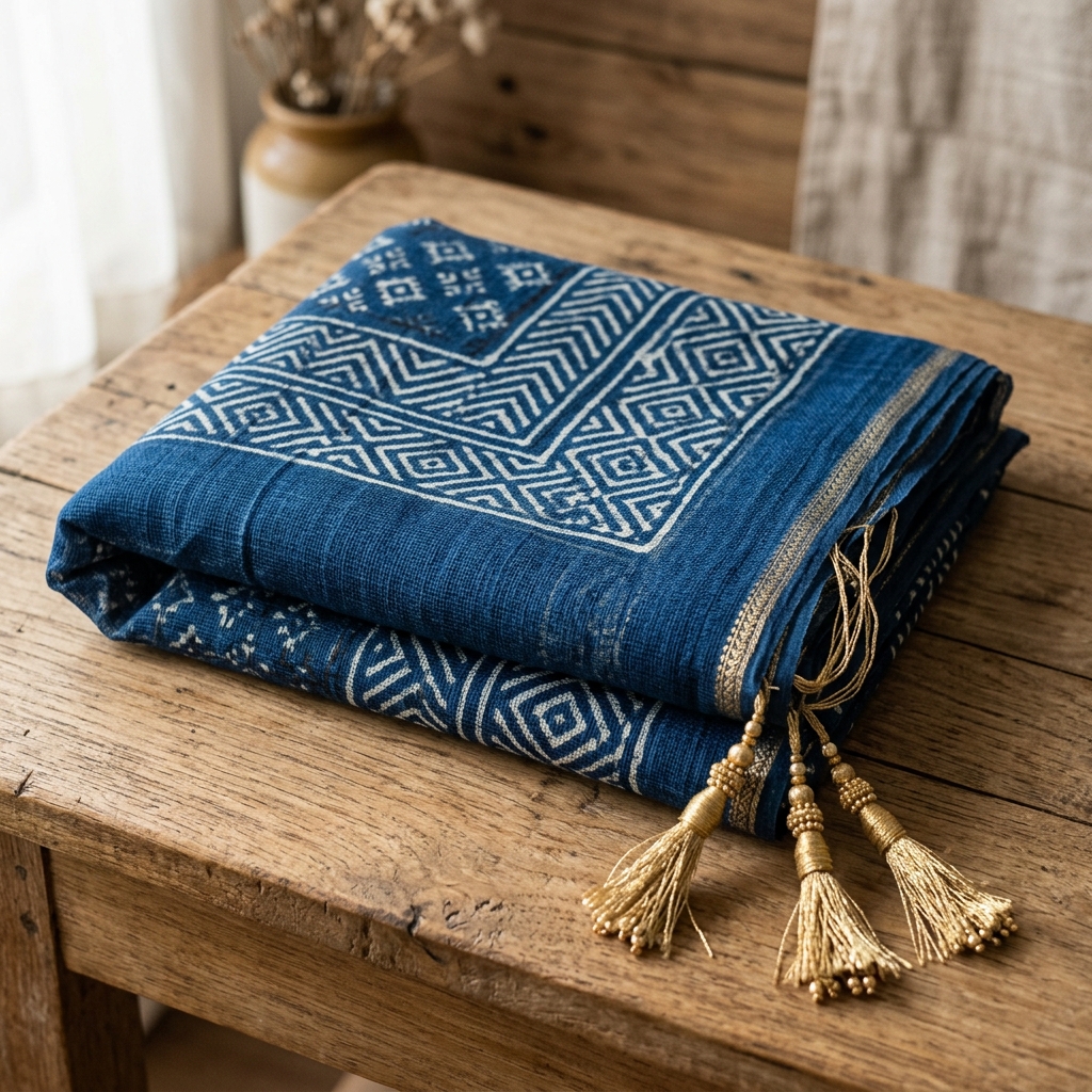 Handblock Indigo Dabu Kota Doria Dupatta